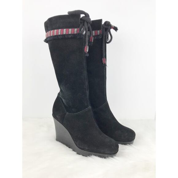 DVF Diane Von Furstenberg Black Suede Leather Knee High Wedge Boots - Picture 11 of 11